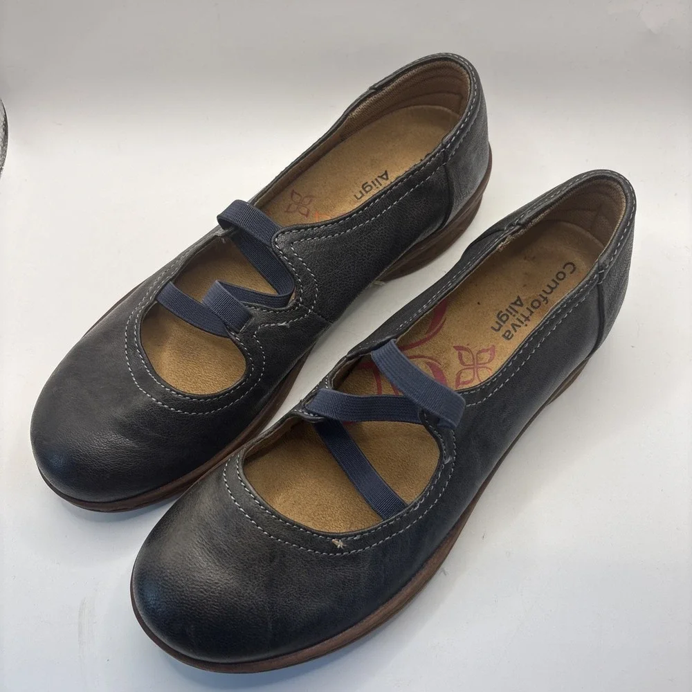 Comfortiva Align Maryjane Blue Leather Comfort Shoes Elastic Straps Size 7.5 M